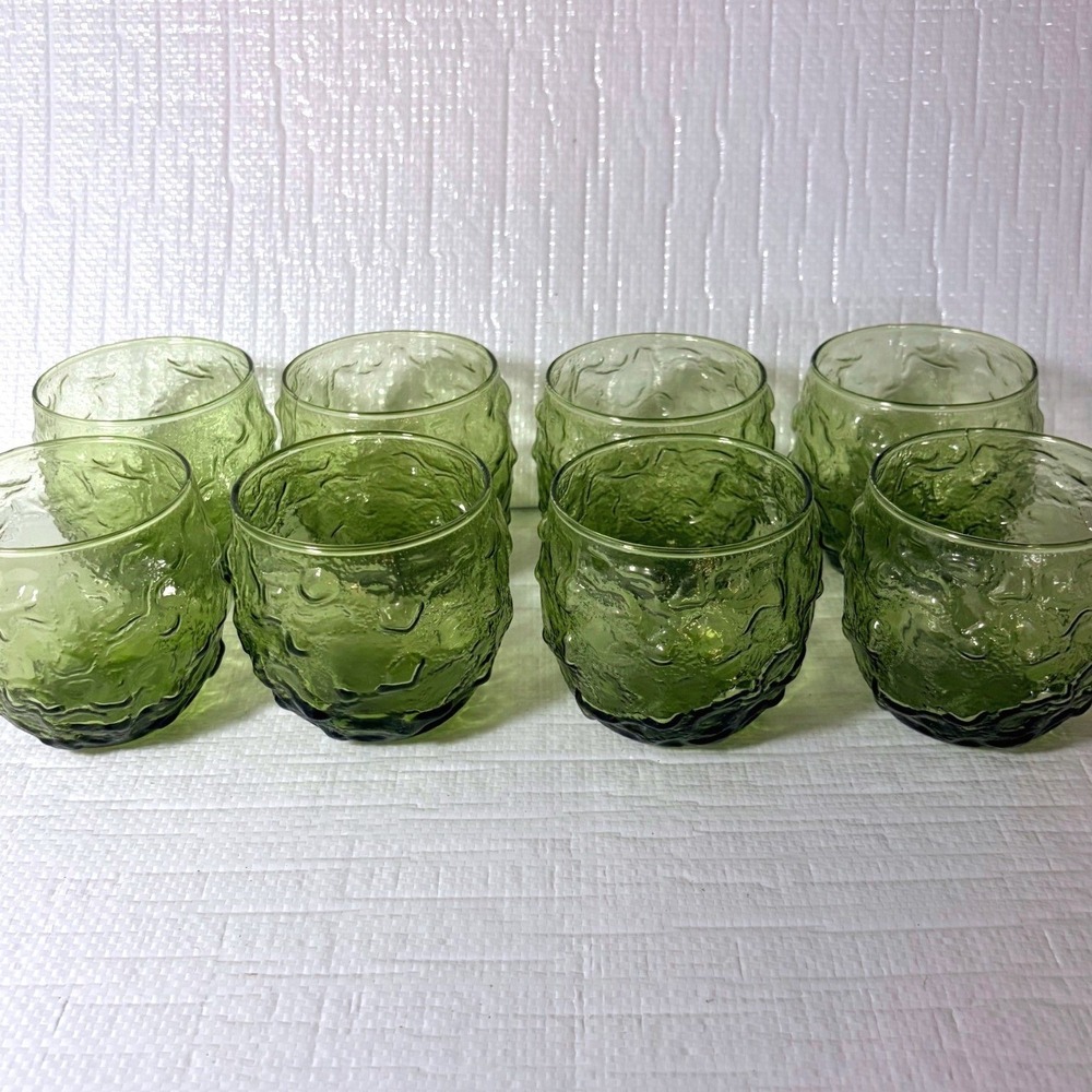 Set of 8 Vintage Anchor Hocking Milano Lido Green Avocado 8oz Roly Poly Glasses